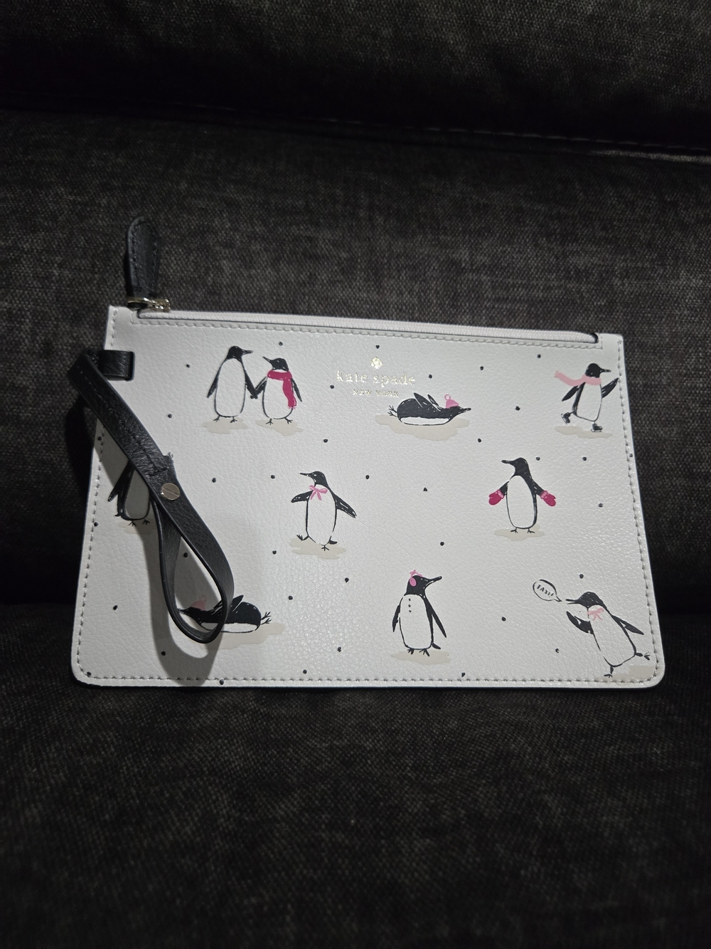 kate spade White Penguin Print Wristlet Clutch with Black Strap